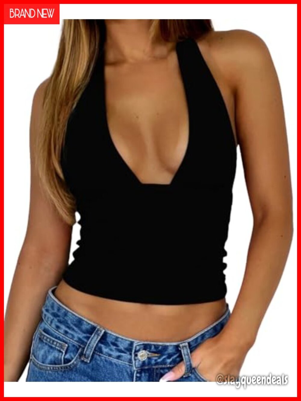 Women Halter Deep V Neck Backless Crop Tank Top Y2K Sleeveless Slim Fit